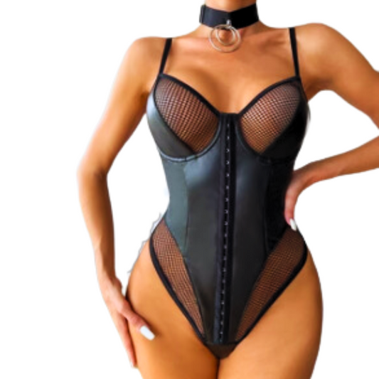 Leather Bodysuit Fishnet One Piece Gothic Mesh Lingerie Intimate Apparel