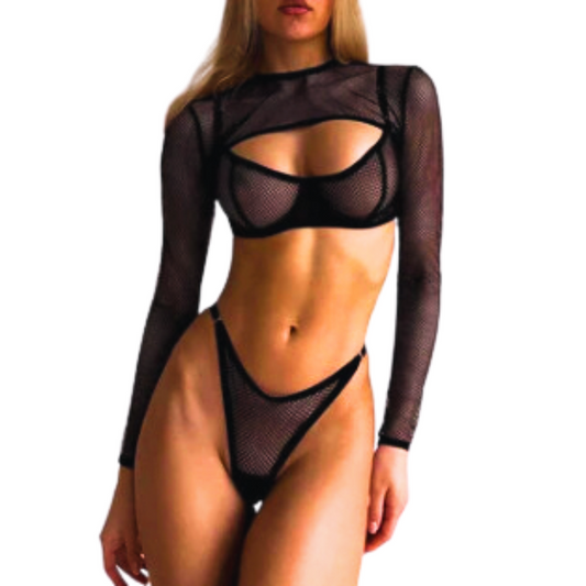 Fishnet Lingerie Transparent Set With Long Sleeve Crop Top Intimate Apparel
