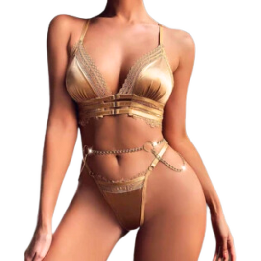 Khaki Gold Sexy Lingerie Lace with Chain Garters 3-Piece Set Intimate Apparel